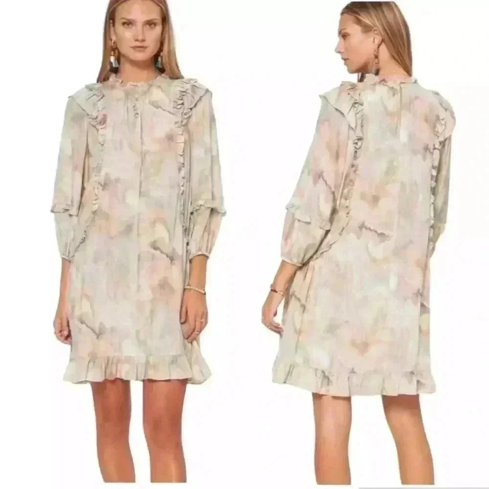 Current Air Anthropologie Sz XS Marble Ruffle Mini Dress Lined Rayon Viscose NEW